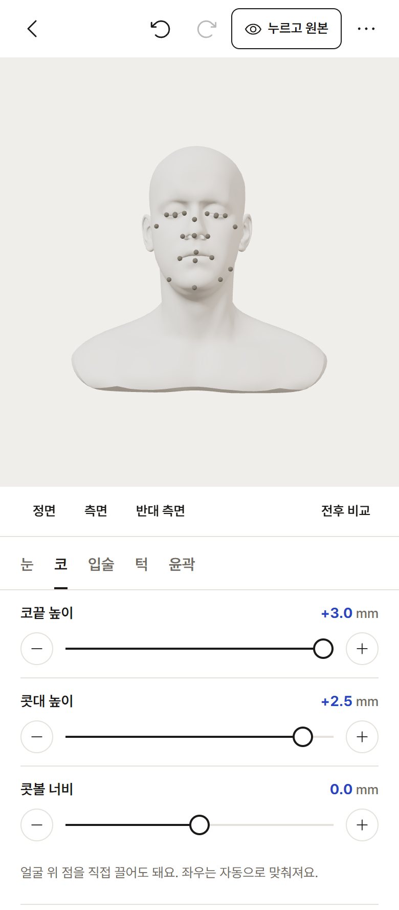 코끝 높이 +3.0mm, 콧대 높이 +2.5mm로 조정한 3D 편집 화면